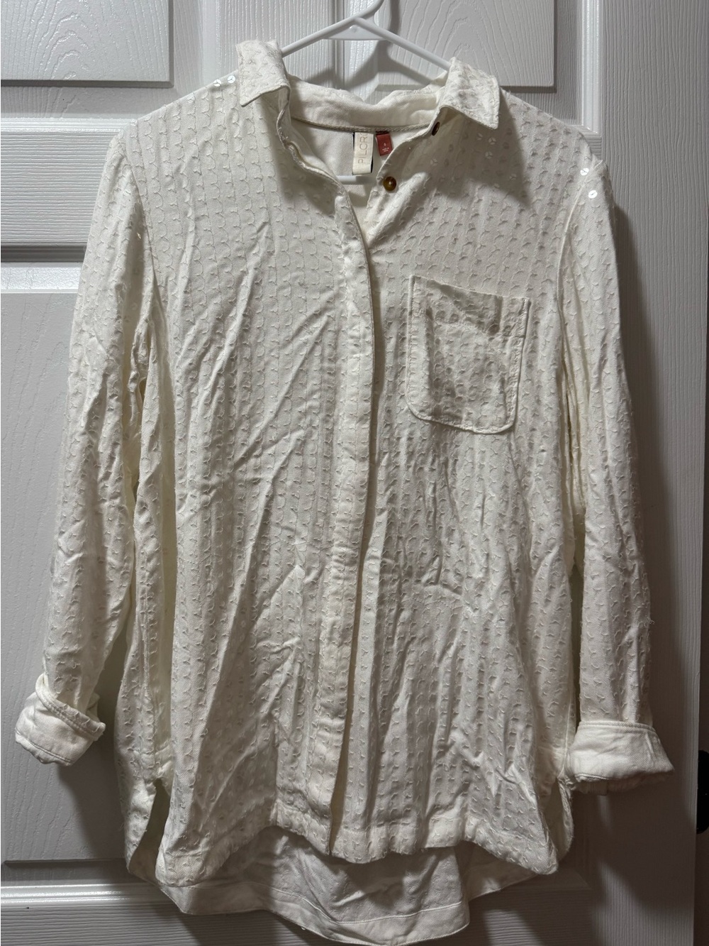 Pilcro Cream Button-Down Shirt with Subtle Dot Texture